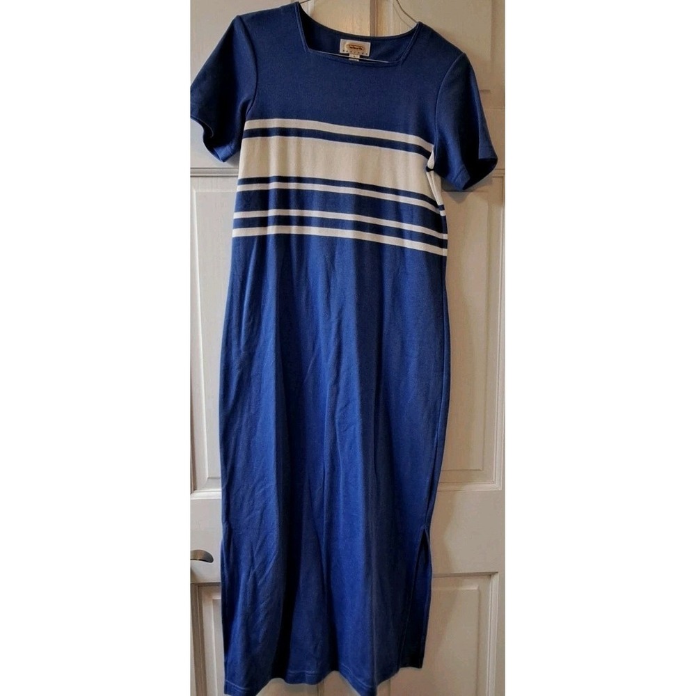 Talbots Petite Small Short Sleeve Periwinkle Cotton Dress W/White Stripes